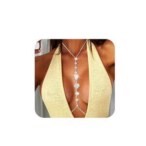 Women Silver  Rhinestone Body Chain Bra Crystal Body  Bikini Body Necklace